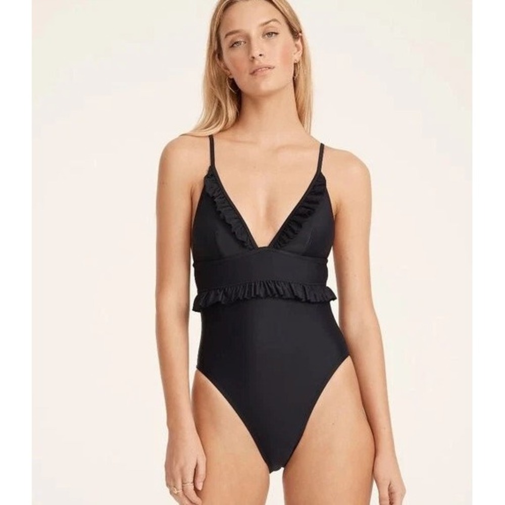 NWT J.Crew Ruffle deep-V One Piece Swimsuit Womens 4 Black Beach Summer Vacation